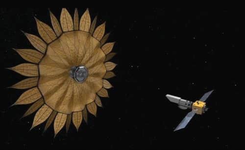 הדמייה של מסך הכוכבים (starshade). מקור: נאס"א.