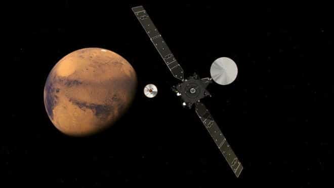 הדמיה של היפרדות החללית שיפריאלי מהחללית האם אקסו מארס. איור: סוכנות החלל האירופית