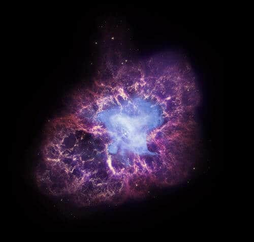 ערפילית הסרטן: שיירי הסופרנובה האלה זוהרים באנרגיה המגיעה מכוכב נויטרונים מסתחרר שמניע מערבולת של פלזמה ממוגנטת (נראית בכחול בתמונה). מקור: נאס"א.