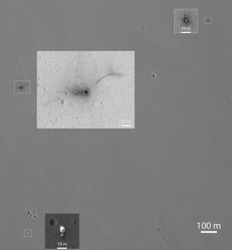 The Schiaparelli impact site on Mars. In the center of the picture is the impact crater of the landing itself. At the top of the image you can see the front heat shield of the lander and at the bottom of the image the rear heat shield that is attached to the parachute of the lander. Source: NASA/JPL-Caltech/Univ. of Arizona.