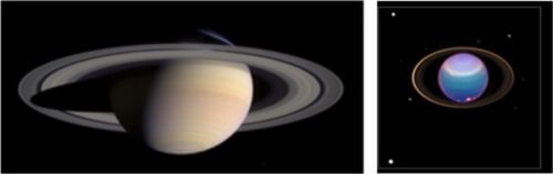 משמאל: תמונה של טבעות שבתאי כפי שצולמו על ידי החללית קאסיני. מימין: תמונה של טבעות אורנוס כפי שצולמו על ידי טלסקופ החלל האבל. צילום: NASA / JPL / STScI