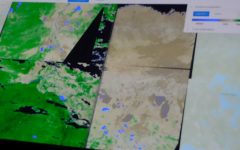 הדגמה של השוואת נתונים לפני ואחרי שריפת יער בתמונות לוויין, על ידי חברת MUNICH RE. צילום מסך