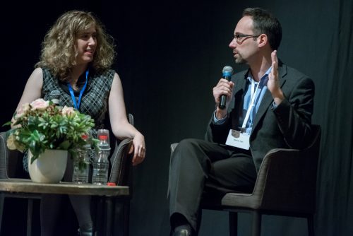 Michal Rosen-Zvi in ​​conversation with Ran Blitzer at IBM's Cognitive Coffee event, December 2016. Photo: Idan Sabah