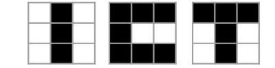 שלושה סוגי תבניות, "I", "C" ו- "T", מבוטאות במערכים של 3x3 ששימשו עבור הפעלת הזיכרון האסוציאטיבי. [באדיבות: Shunsuke Fukami (Tohoku University)] 