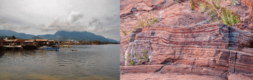 In Lake Matano in Indonesia (left), low oxygen concentrations and high iron concentrations allow the formation of "green rust"; Similar processes in ancient oceans may have produced iron-rich sedimentary rocks (right), which are the main iron ores exploited today. Source for right image: Graeme Churchard / left: hayanto.