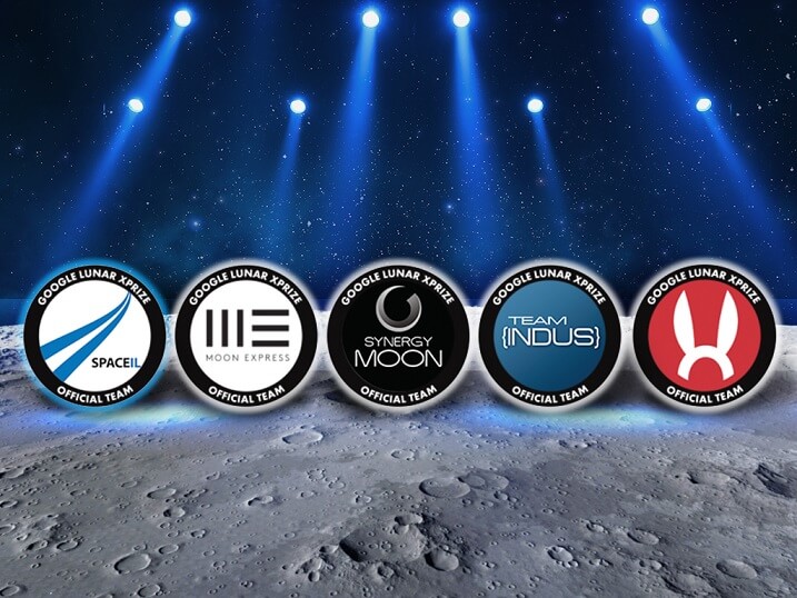رموز الفرق الخمسة التي وصلت إلى نهائيات مسابقة هبوط المركبات الفضائية على سطح القمر، وهي محاكاة جوجل إكسبريس