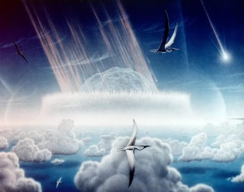 איור אמן של פגיעת האסטרואיד שהובילה להכחדת קרטיקון-שלישון, בה גם נכחדו הדינוזאורים. מקור: נאס"א / Donald E. Davis / ויקימדיה.