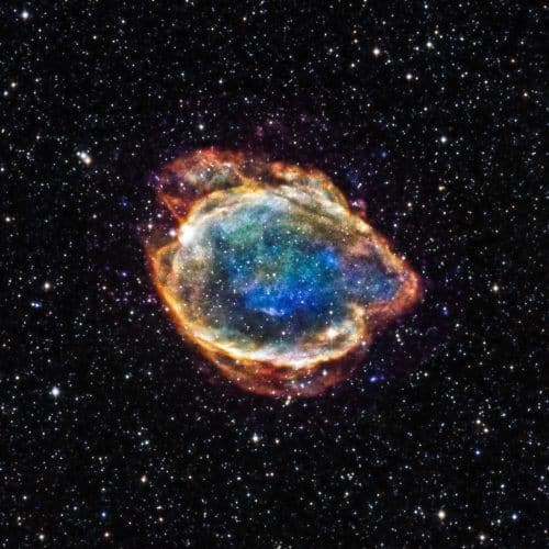 G299, the nebula left over from a Type Ia supernova, which forms when a white dwarf absorbs material from a nearby star and serves as "standard candles". Source: NASA.