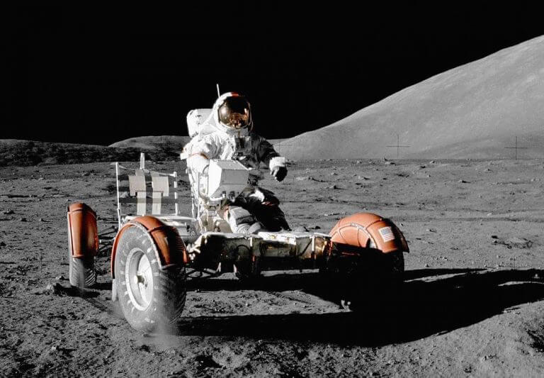 Eugene Cernan drives aboard the Lunar Rover during the Apollo 17 mission to the Moon, December 11, 1972. Source: NASA.