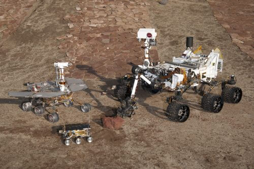 Comparison of the three models of rovers that NASA launched and landed on Mars. The left and largest rover is Curiosity, which weighs 900 kg and landed on Mars in 2012. The right, medium-sized rover is the model of Opportunity and Spirit, which landed in 2004, and the tiny rover in the front of the image is Sojourner, weighing 11.5 kg. For enlargement. Source: NASA.