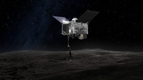 Imaging of the Osiris-Rex probe collecting a sample from the Bennu asteroid. Source: NASA's Goddard Space Flight Center Conceptual Image Lab.