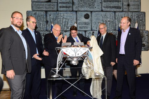 חשיפת ההסכם בין SPACEIL ל-SPACEX לשיגור החללית הישראלית לירח, בבית הנשיא לפני כשנה. צילום: אלון הדר