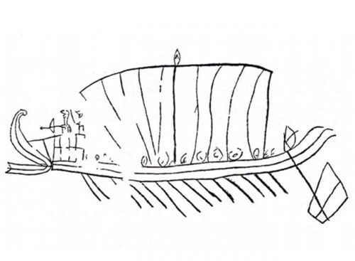 שרטוט של אחד מציורי הספינות שהתגלו בקבר יאסון. מקור: לוי יצחק רחמני , עתיקות די.