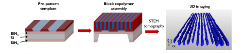  ייצור ננו-תבניות על יד סידור עצמי מוכוון של בלוק-קופולימרים. המבנה התלת-ממדי של הננו-תבניות נחשף באמצעות אפיון  ב-TEM tomography.