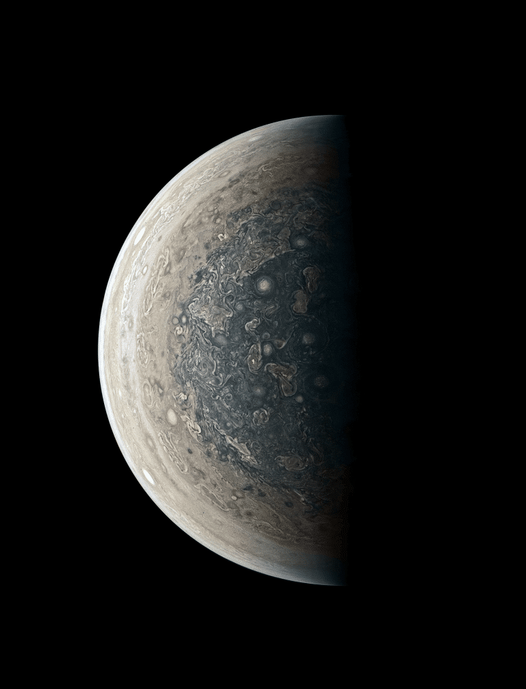 Jupiter's south pole, in a Juno color-processed image from February 2, 2017. The image was taken from a distance of 102,100 km. Source: NASA.