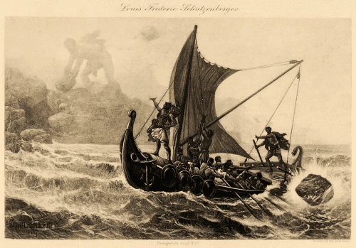 ציור מתוך "האודיסיאה" – יצירה המתארת את מסעותיו של אודיסאוס בעולם ואת מלחמתו ביצורי הים השונים, כמו הציקלופ שבציור. צויר על ידי Louis-Frederic Schutzenberger, 1894.