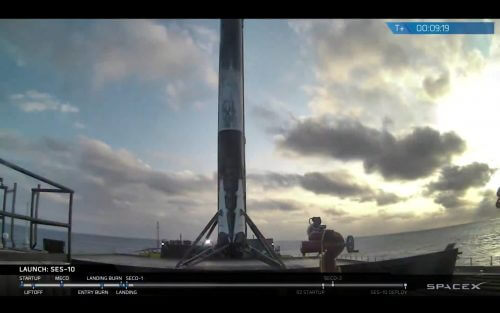 The first stage in use after its successful landing today, for its second time, on a mobile offshore rig. Source: SpaceX, from the company's live broadcast on YouTube.