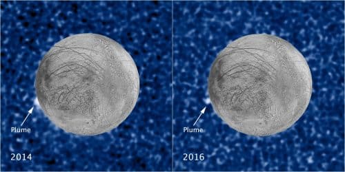 התצפית המשוערת החדשה מ-2016 של סילון מים בירח אירופה (ימין). משמאל מתוארת תצפית דומה מ-2014 של סילון משוער מאותו אזור בירח. מקור: NASA/ESA/STScI/USGS.