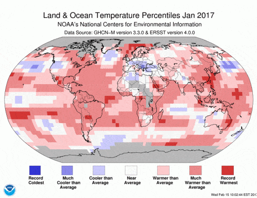 מבחינה גלובלית, ינואר 2017 היה חם ב-0.88 מעלות צלזיוס מהממוצע של המאה ה-20. מדובר בחודש ינואר השלישי החם ביותר מאז החלו המדידות ב-1880. תרשים: NOAA.