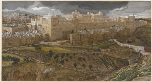 There is no mention of mezuzos in the description of the magnificent temple built by Herod. Drawing: James Tissot, from Wikimedia.