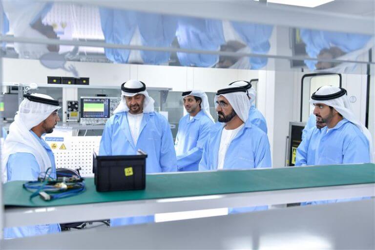 Mohammed Bazaid Al Nahyan, Crown Prince of Abu Dhabi and Deputy Supreme Commander (left center) and Sheikh Mohammed bin Rashid Al Maktoum, Prime Minister of Dubai, at the Mohammed Bin Rashid Center Space Center in Dubai. Photo courtesy of the Dubai Ministry of Communications