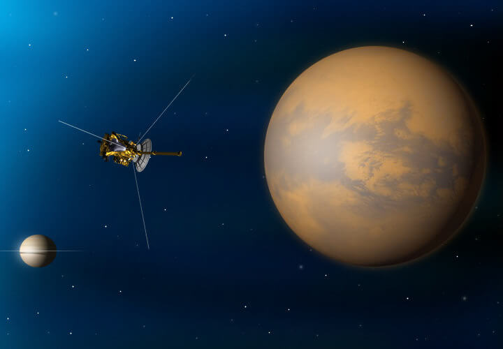 מעבר אחרון של קאסיני על פני טיטאן, שגם גרם לשינוי מסלולה ולצלילה הצפויה אל מתחת לטבעות שבתאי. איור: נאס"א