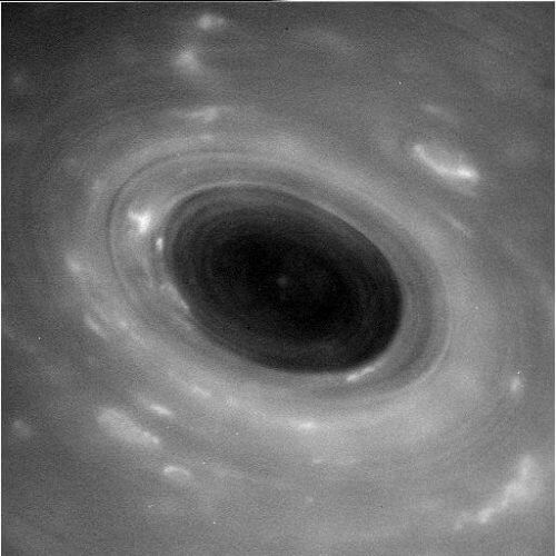 The vortex at the center of the hexagonal storm at Saturn's north pole, in Cassini's closest image ever. Source: NASA/JPL-Caltech/Space Science Institute.