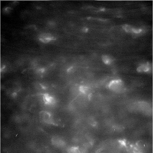 The small structures inside the hexagonal storm, in the most detail that Cassini was able to record, thanks to the close distance it reached during the dive. NASA researchers speculate that the structures seen in the image may be thunderstorms. Source: NASA/JPL-Caltech/Space Science Institute.