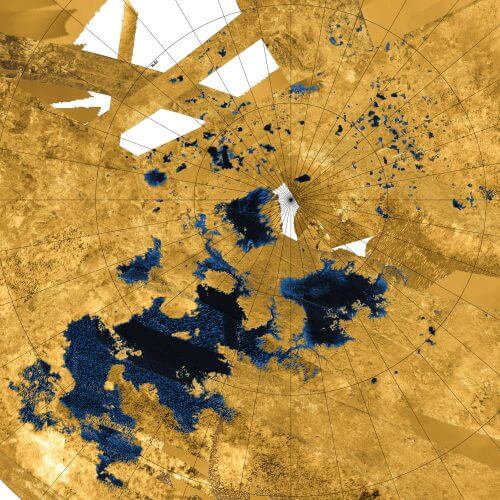 An artificial color image made up of multiple Cassini radar data showing the liquid methane-ethane lakes and seas at the North Pole. The radar photographs were taken during the spacecraft's flights near the moon, for a short time and in narrow bands, so the image is not complete. Using the radar, the spacecraft could penetrate through the haze in the atmosphere, and record in detail the route of the lakes and seas. Source: NASA / JPL-Caltech / Agenzia Spaziale Italiana / USGS.