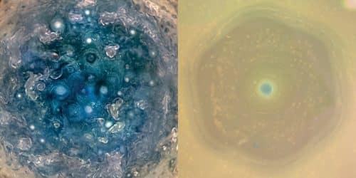השוואה בין הקוטב של שבתאי (ימין), ובין הקוטב של צדק. מקור: NASA / Preston Dyches‏.