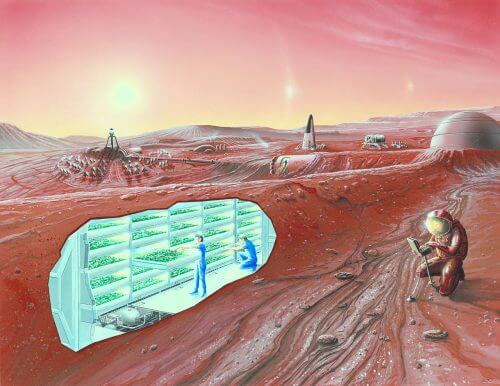 Simulation of a manned base on Mars, in a cross-sectional image of the underground base. Source: NASA Ames Research Center.