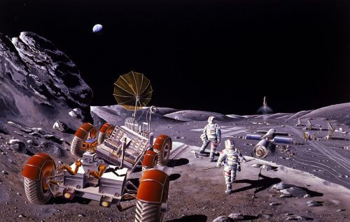 איור של בסיס מאויש על הירח. האם התגלית החדשה תקדם משימות מאוישות לירח? מקור: NASA/Dennis M. Davidson.
