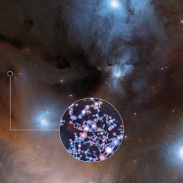 This image shows the spectacular region of star formation where methyl isocyanate is found. Inside the circle - an illustration showing the molecular structure of this chemical. Image: ESO/Digitized Sky Survey 2/L. Calçada
