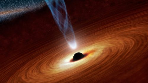 הדמייה של חור שחור סופר-מאסיבי בולע אל תוכו גז וחומר. הדמייה: NASA/JPL-Caltech.