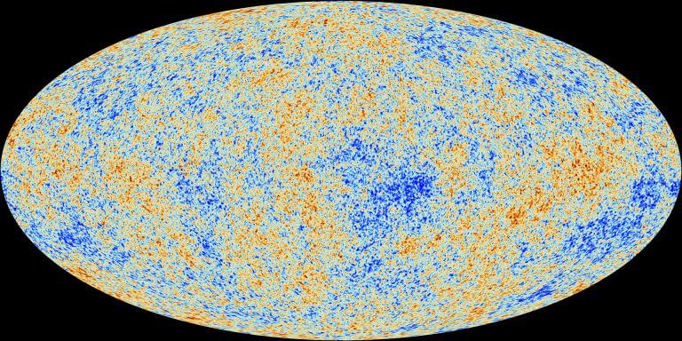 In this map, built on the basis of the observations of the Planck spacecraft launched by the European Space Agency, you can see the cosmic microwave background radiation (CMB), the earliest observable light of the universe, and it gives us the best picture ever of the universe in its early childhood. The blue areas in the sky represent points where the temperature of the background radiation, and in any case also of the early universe, is lower, and the red areas reflect warmer places. Proponents of the inflationary theory, which holds that the universe expanded rapidly in its early moments, argue that the pattern of hot and cold spots is consistent with this idea. However, the theory can actually produce any pattern, and in most of its versions it produces larger temperature differences than this map shows. Moreover, if inflation did occur, the background radiation should include evidence for cosmic gravitational waves, ripples in spacetime caused by the primordial stretch, but it does not. Instead, the Planck data reveal that the true story of our universe's history is still far from over. Source: ESA and the Planck Collaboration.