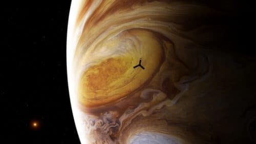 הדמייה של ג'ונו חולפת מעל הכתם האדום הגדול, הסופה האליפטית שנראית ברקע. מקור: NASA / JPL / Björn Jónsson / Seán Doran.