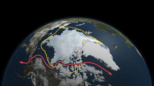 בצהוב - גבול הקרח הימי הממוצע של 30 השנים האחרונות. באדום - המעבר הצפוני שנפתח עם המסת הקרח. מקור: NASA Goddard Space Flight Center / Scientific Visualization Studio.