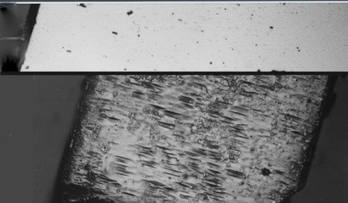 Halide perovskites before (top) and after (bottom) annealing. Etching with acetone revealed the existence of structural units called "polar domains", which are characteristic of a ferroelectric material. Scale: 20 microns. Source: Weizmann Institute magazine.