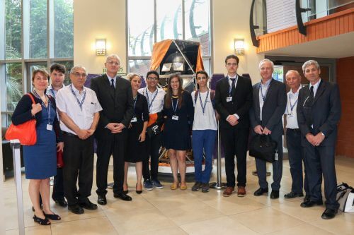 Students and teachers of the Tusheida project at the ceremony of handing over the Venus satellite to the French Space Agency held in May 2017 at the facilities of the aerospace industry together with the chairman of the French Space Agency Jean-Yves Legalle. PR photo.