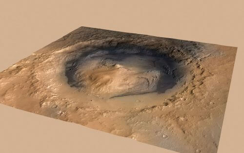 הדמייה של מתש גייל והר שארפ במרכזו. אתר הנחיתה של קיוריוסיטי מסומל באליפסה ירוקה בקרקעית המכתש. החוקרים מעריכים שבעבר הקדום של מאדים, ההר לא הי קיים עדיין, ובמקום זאת המכתש התמלא באגם של מים נוזליים, שייתכן ושרד במשך מאות מיליוני שנים. מקור: NASA/JPL-Caltech/ESA/DLR/FU Berlin/MSSS.