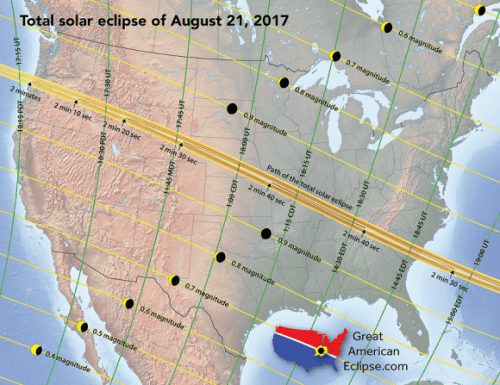 מסלול ליקוי החמה שיתרחש ב-21 באוגוסט מעל ארה"ב. איור: מייקל זיילר Eclipse-Maps.