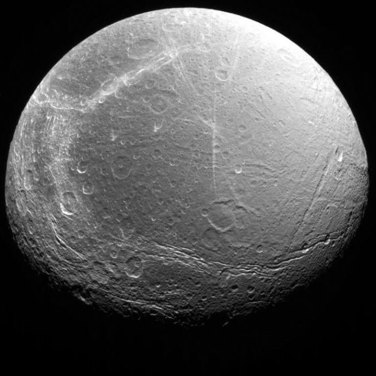 The moon discussed in a Cassini photograph in 2005. Source: NASA/JPL-Caltech.