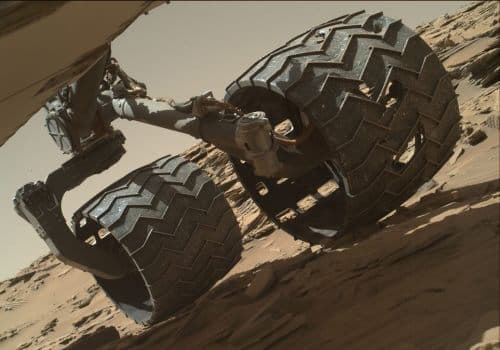 The holes formed in some of Curiosity's aluminum wheels. Source: NASA/JPL-Caltech/MSSS.