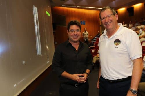 Minister of Science Ofir Akunis and CEO of Mevt-Hell in the aerospace industry Ofer Doron watch the launch at the facilities of the aerospace industry. PR photo - Ministry of Science