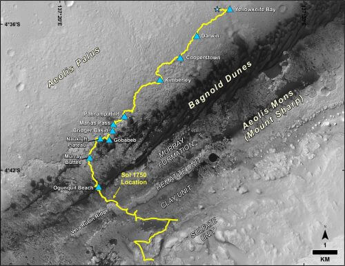 המסלול שעברה קיוריוסיטי מאז נחיתתה (מסומן בכוכב), ועד היום. מקור: NASA/JPL-CALTECH/UNIV. OF ARIZONA.