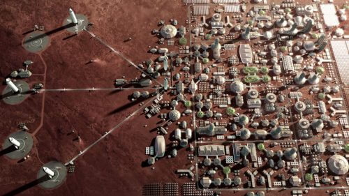 הדמייה של עיר המאדים העתידית שמאסק מתכוון לבנות, בעזרת מערכת השיגור הענקית BFR. מקור: SpaceX.
