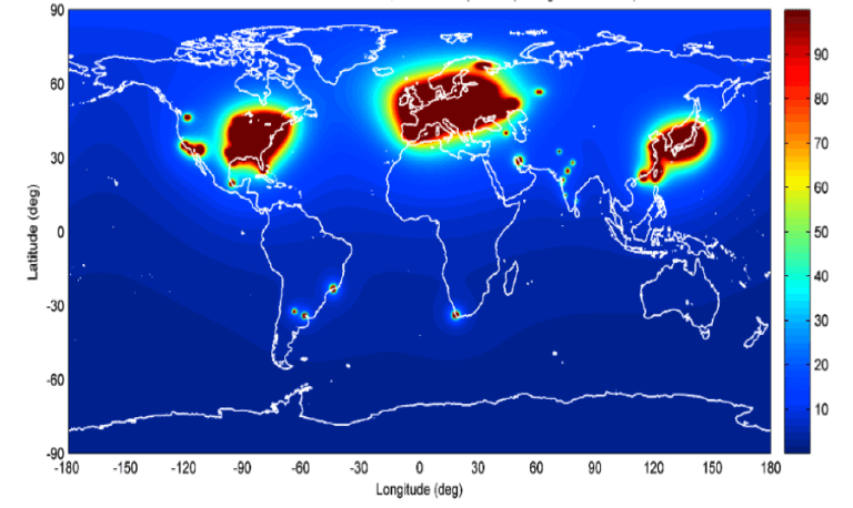 A global map of the antineutrino particle flux from nuclear reactors. Source: LDRD.