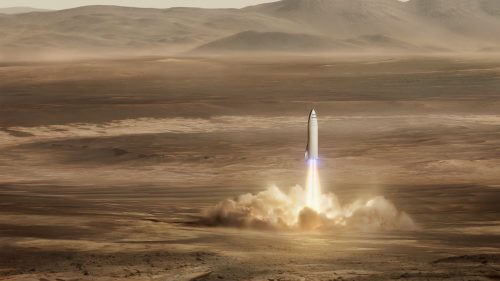 محاكاة لمركبة الفضاء BFR وهي تقلع من المريخ عائدة إلى الأرض. وتسمح الجاذبية الضعيفة للمريخ، مع غلافه الجوي الرقيق، للمركبة الفضائية بالانطلاق إلى الفضاء دون الحاجة إلى منصة الإطلاق الضخمة التي حملتها عند انطلاقها من الأرض. المصدر: سبيس اكس.