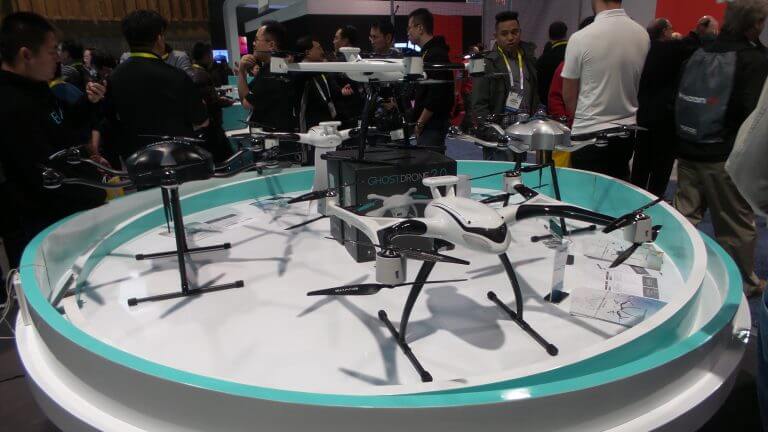 A display of drones at the CES 2016 exhibition held in January 2016 in Las Vegas Photo: Avi Blizovsky