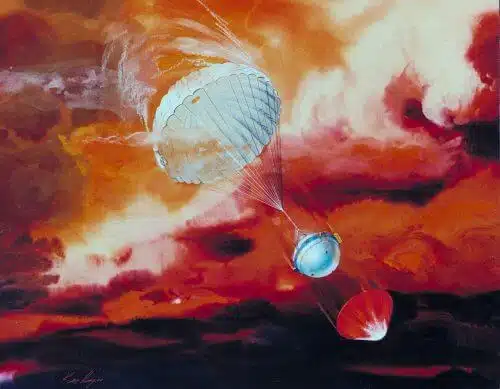 Illustration from 1995 depicting the probe mission sent by the Galileo spacecraft into the atmosphere of Jupiter. The proposed SPRITE mission will be very similar in nature to this probe mission, but will have more developed technology and will be launched to another gas giant, Saturn, whose atmosphere has not been thoroughly measured so far. Source: NASA / Ken Hodges.
